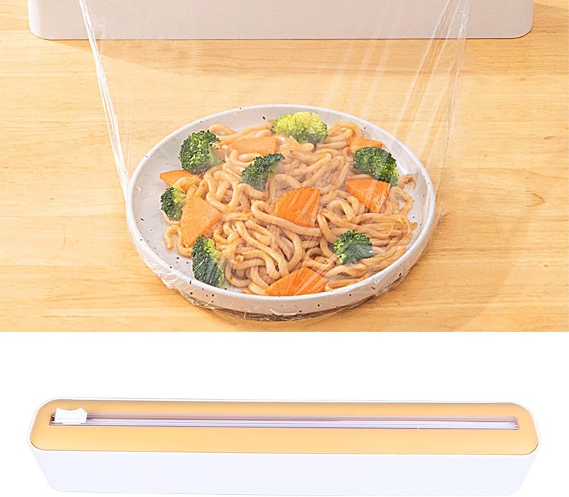 Heayzoki Plastic Wrap Dispenser With Cutter, Reusable Cling Film Dispenser, Adjustable Size, Oil Magnetic Plastic Wrap Dispenser (White and Yellow) - Image 4